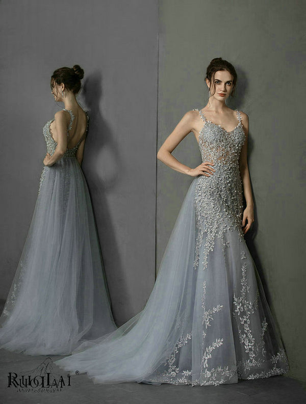 LWC6780 Elegant Detachable Train Lace Open Back Evening Dress