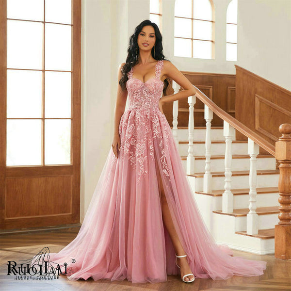 LWC6803 Elegant Spaghtti Strap Appliqued with Slit Evening Dress