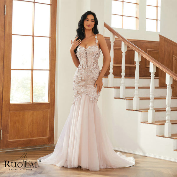 LWC6805 Mermaid 3D Flowers Spaghetti Straps Evening Dresses