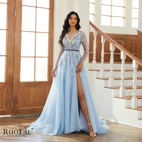 LWC6806 Scoop Sky Blue Beading Evening Gowns With Slit