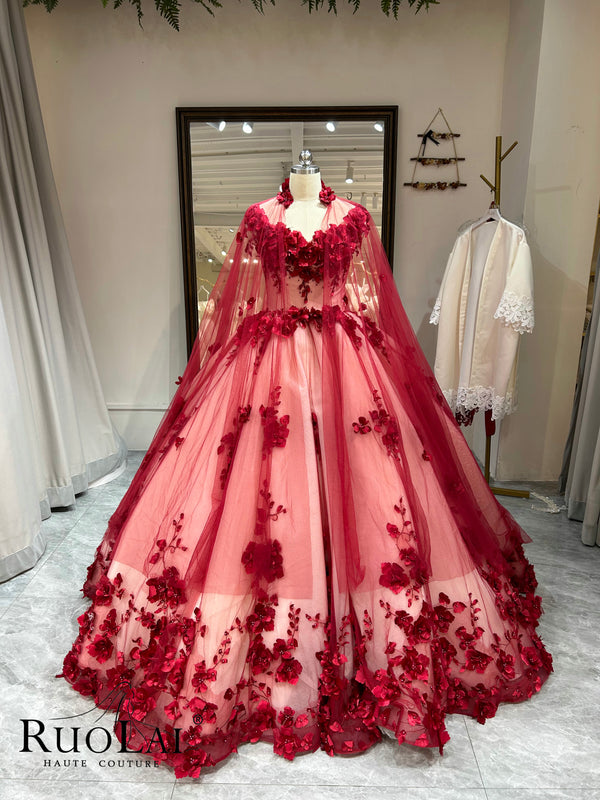 Exquisite Appliques Lace 3D Flowers Tulle Quinceanera Dresses
