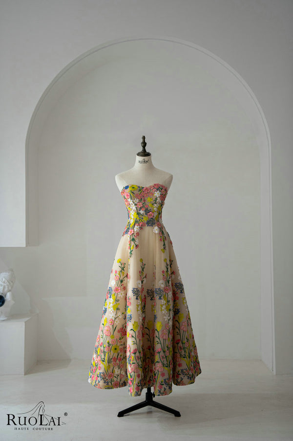 LWC6823 Elegant Slim Colorful Appliques Midi Length  Evening Dresses