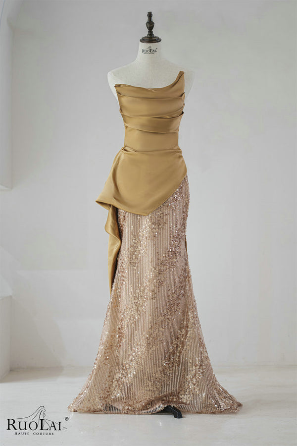 LWC6825 Elegant Gold Pleated Sequin Strapless Evening Gown