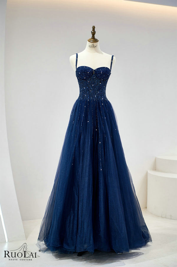 LWC6833 Navy Blue Glitter Spaghetti Straps Women Party Dresses