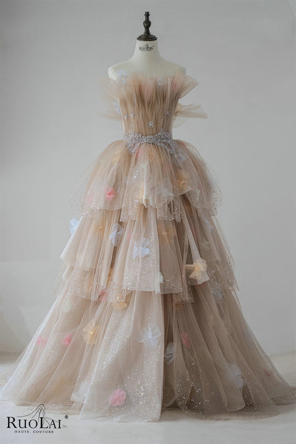 LWC6835 Elegant Strapless Sleeveless Tiered Sequins Tulle Evening Dresses