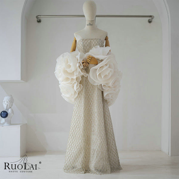 LWC6836 Elegant Strapless Detachable Ruffles Sleeves Evening Dresses