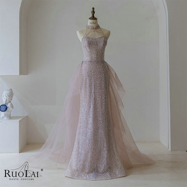 LWC6870 Lavender Halter Neck Mermaid Detachable Train Evening Dress
