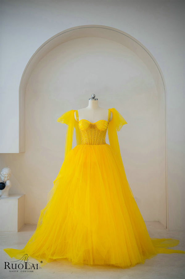 LWC6871 Yellow Sweetheart Neck Beaded Women Party Dresses