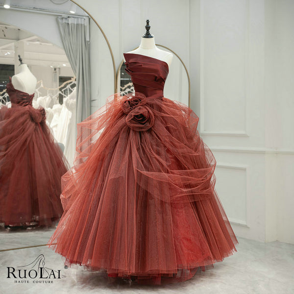 LWC6875 Red Tulle Strapless With Flower Ball Evening Gown