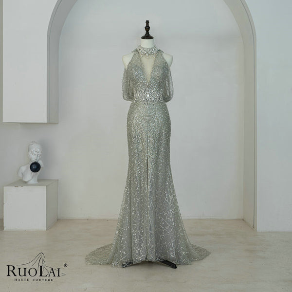 LWC6909 Luxury Halter Short Sleeve Mermaid Prom Dresses