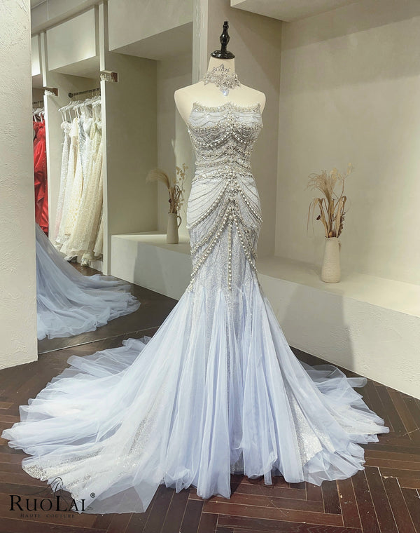 Luxury Heavy Beaded Boat Neck Mermaid Evening Dress