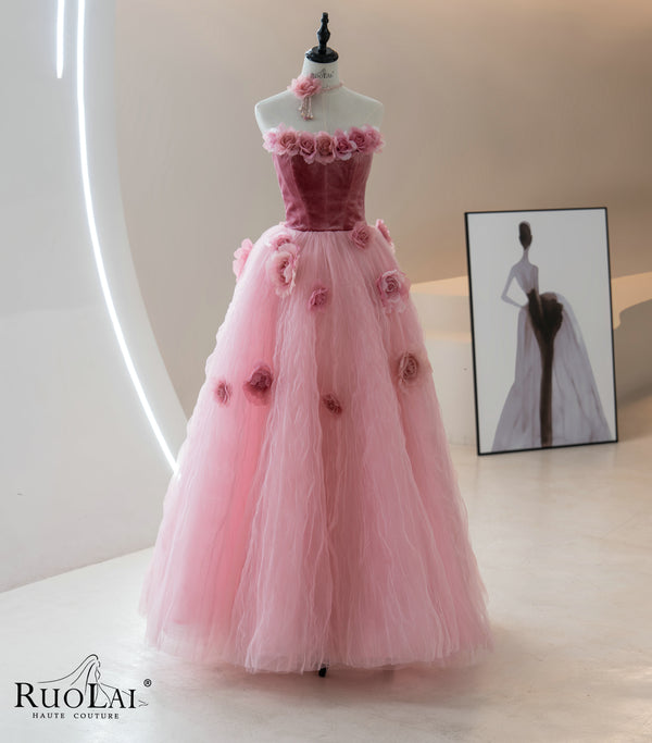 Sweet Style Pink Flower StraplessTulle a Line Party Wear Dress