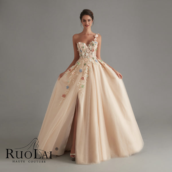 Elegant Champagne One Shoulder Split Appliques Flowers Prom Dress