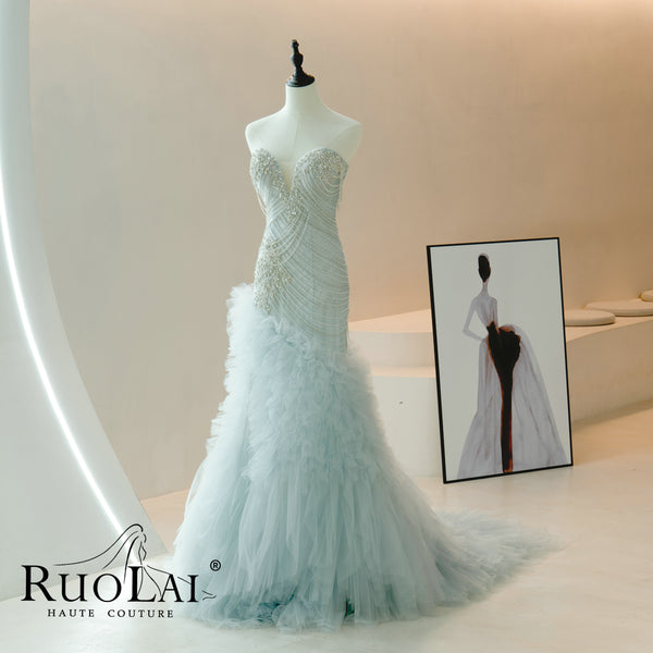 Luxury Off The Shoulder Beading Ruffles Mermaid Evening Dresses