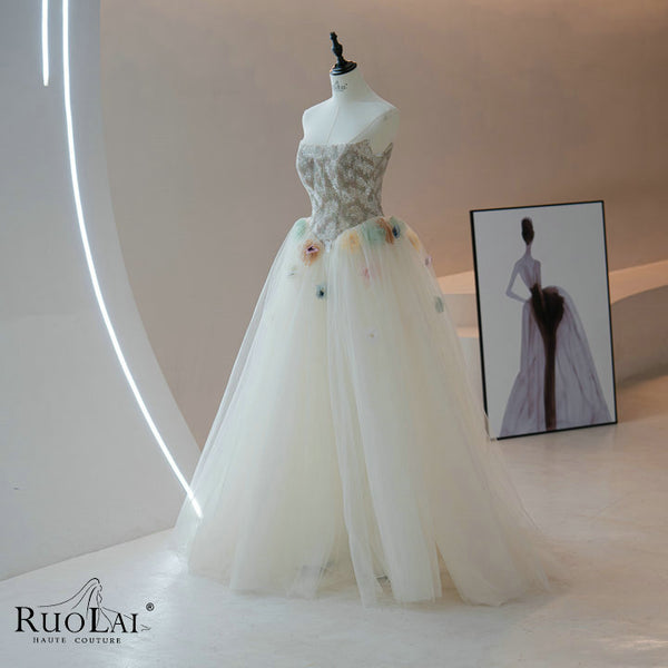 LWC6938 Elegant Strapless Colorful 3D Flowers Evening Dress