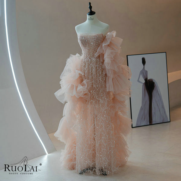 LWC6939 Luxury Boat Neck Ruched Beaded Evening Gown