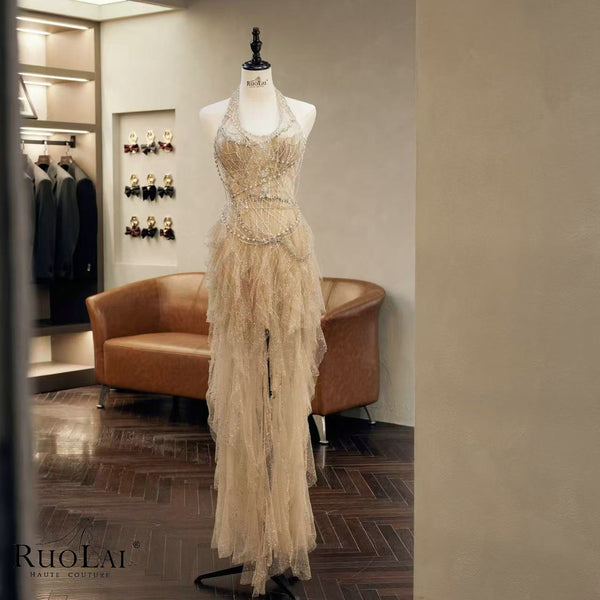 New Design V-Neck Spaghetti Strap Feathers Beading Mermaid Dress