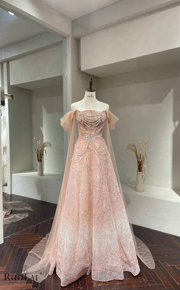 Glitter Evening Dress with Beads and Sequins Pink Tulle Party Gowns