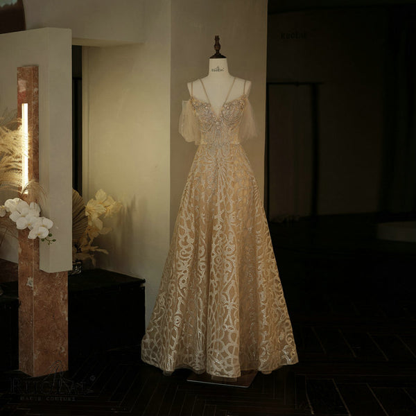 Luxury Golden Spaghetti Strap Sequins Evening Dress