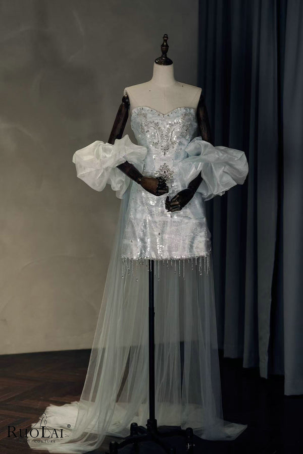 Guilter Strapless Sequin with Ruffls Sleeve Short Party Dress