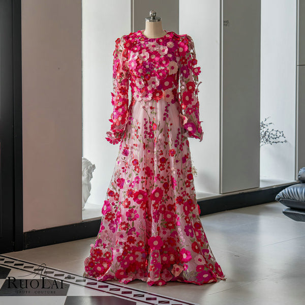 LWC6961 Colorful Bubble Round Neck Floral Evening  Gowns