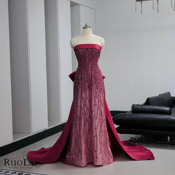 Straight Neck Beaded Lace Burgundy Luxury Long Evening Gown