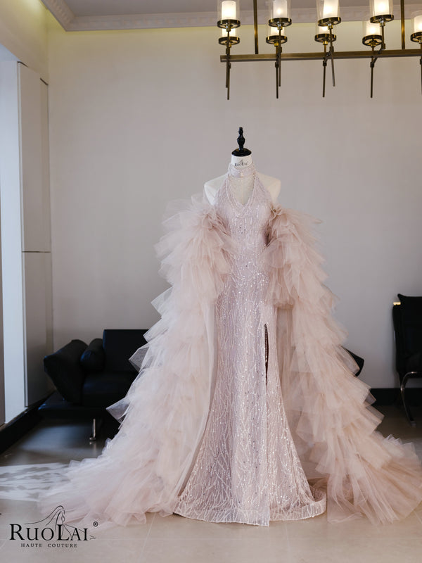 Halter Turtle Slit Ruffle Shawl Train Beading Lace Luxury Evening Gown Dresses