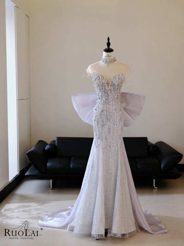 Turtle Big Bow Train Beading Lace Mermaid Luxury Evening Gown Dresses for Party