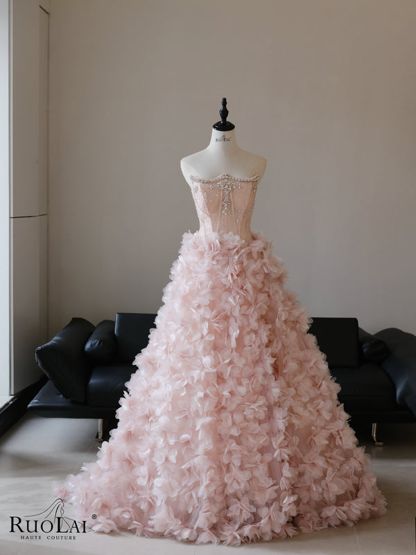 3D Sleeveless Rhinestone Beading Ruffle Flower Luxury Evening Dresses for Party