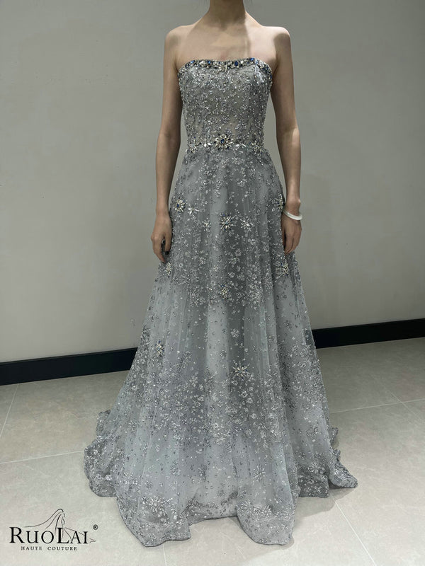 LWC6985 Delicate Shiny Lace Beaded Flowers Banquet Party Gowns