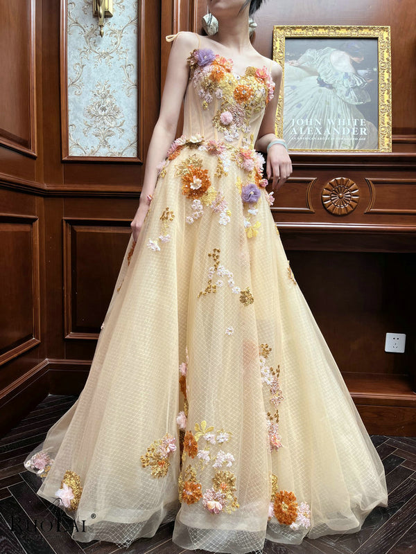 LWC6998 Colorful 3D Flowers Spaghetti Strap Evening Dresses