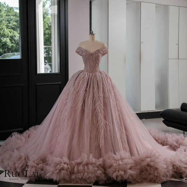 LWC7023 Pink Off Shoulder Ruffles Appliques Quinceanera Dress