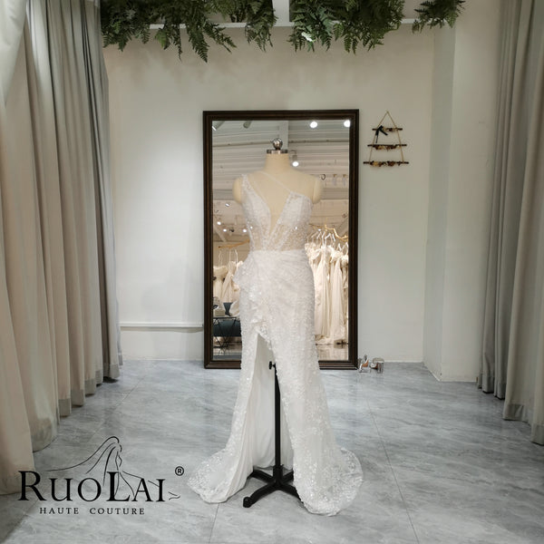 Sparkly One Shoulder Beaded Sheer High Slit Mermaid Prom Dresses