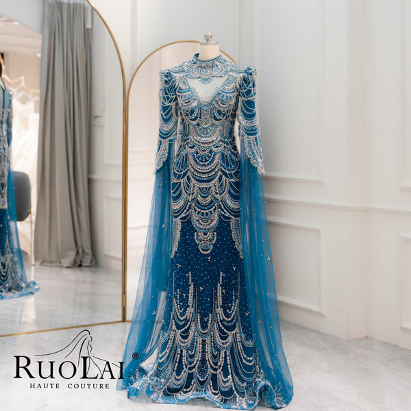 Luxury Cape Sleeves Beaded Arabic Muslim Mermaid Evening Dress