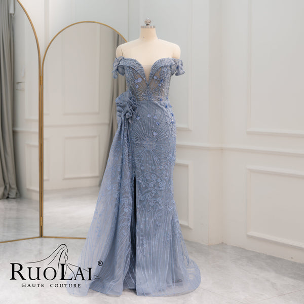 Luxury Dubai 3D Flower Mermaid Blue Evening Dress