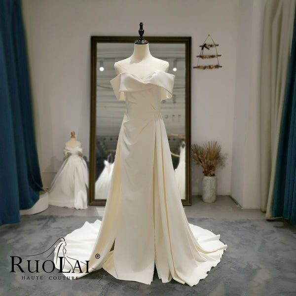 Simple Scoop Off-shoulder Slit A-line Wedding Party Dress