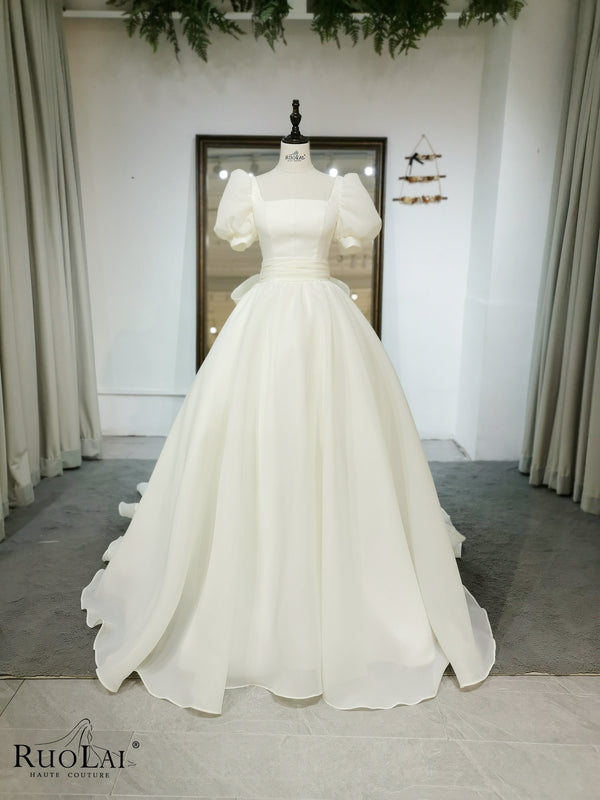 QD06101 Gorgeous Square Collar Puff Sleeve Sashes Wedding Dress