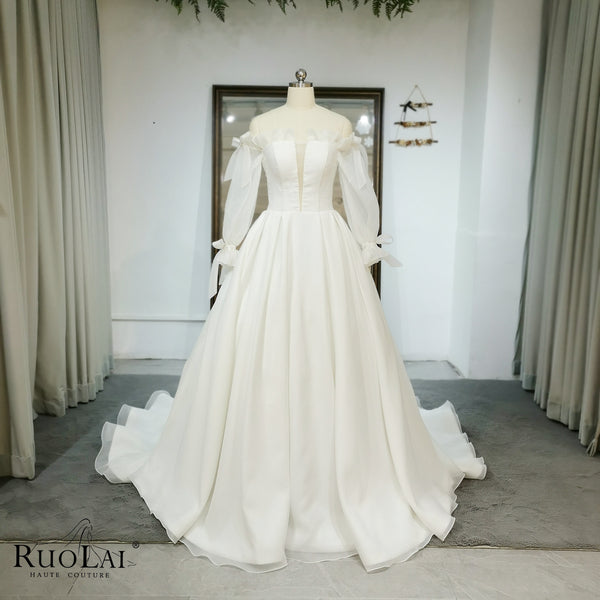 QD06103 Elegant Off Shoulder Pretty Bow Long Sleeves Wedding Dresses for Woman