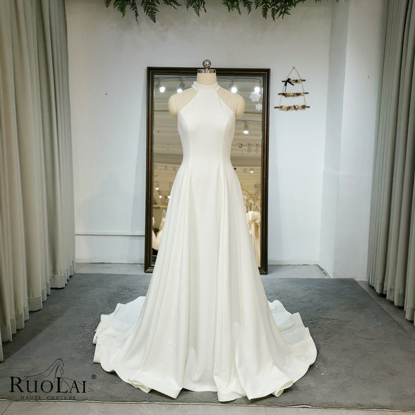 QD06113 Minimalist Style Halter Sleeve Satin A Line Wedding Dress