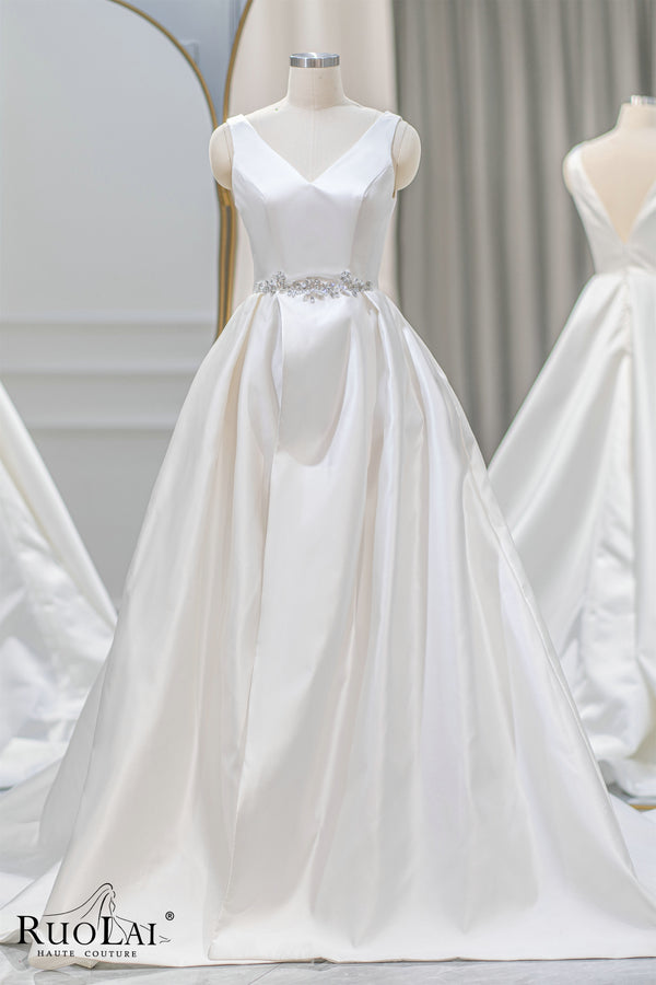 Simple V Neck Sashes Satin Ball Gown Wedding Dress