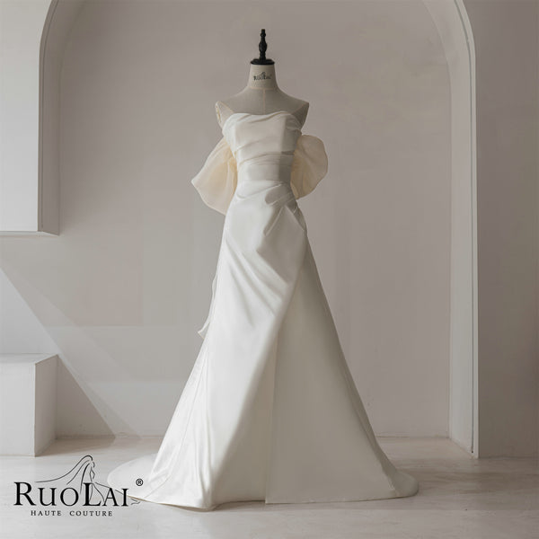 Classic Satin Ruched Sleeveless Bridal Wedding Gowns Dresses