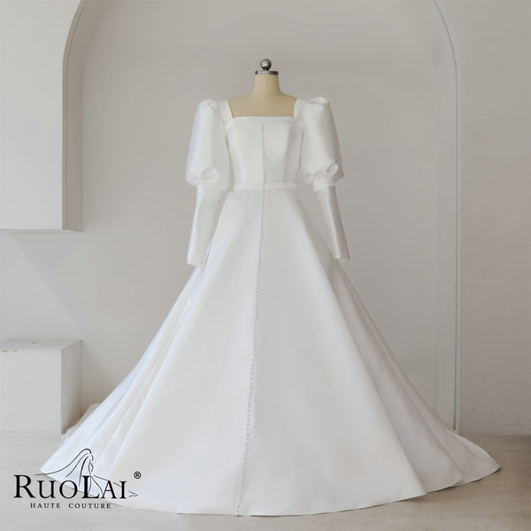 Modern Square Collar Long Lantern Sleeve Satin Wedding Dress