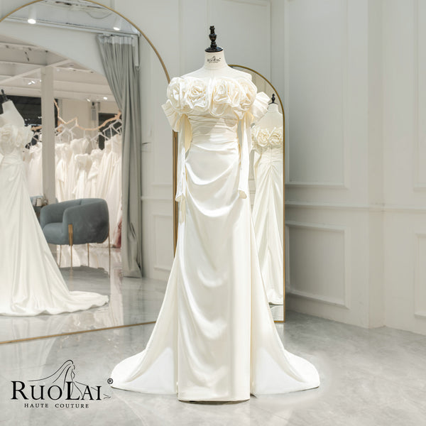 Beach Long Sleeve Flower Satin Mermaid Wedding Dresses