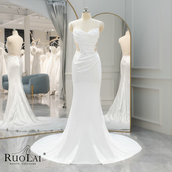 Elegant Spaghetti Strap Sleeve for Women Satin Mermaid Wedding Gowns