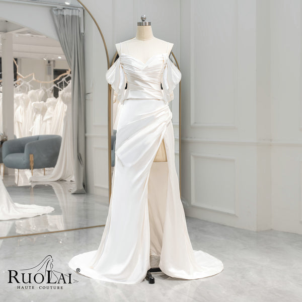 Classic Spaghetti Strap Pleat High Slit Wedding Mermaid Dresses