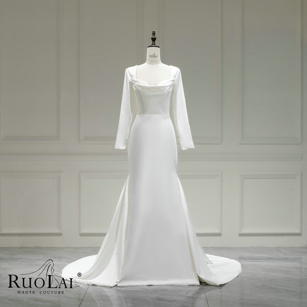 Simple Mermaid Square Collar Long Sleeve Wedding Dress