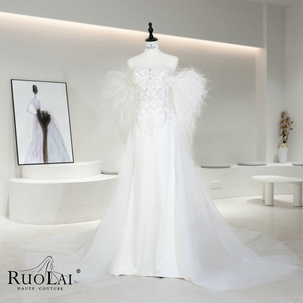 Sparkly Sequins Lace Feathers Mermaid Wedding Dress