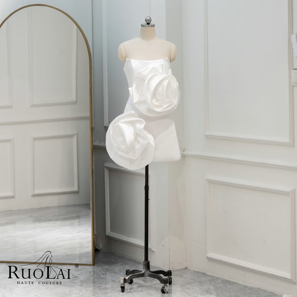 Elegant Sleeveless  Strapless Satin Fabric Mini 3D Flower Short Bridal Gowns