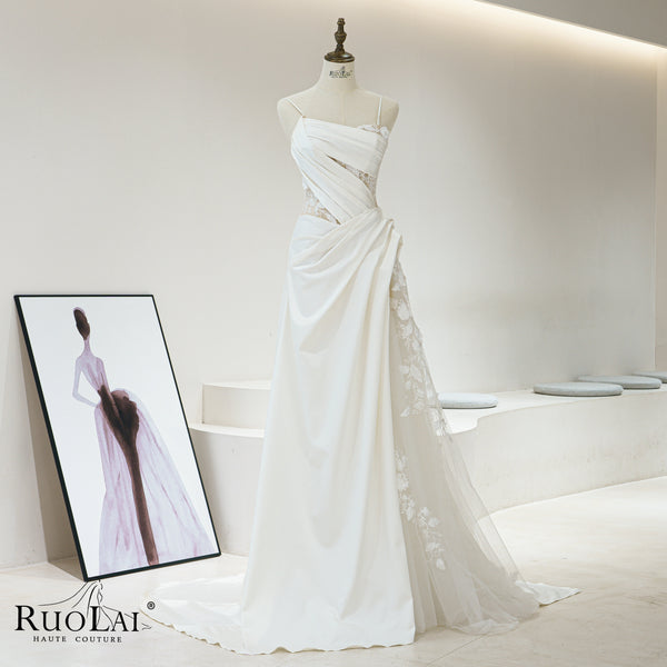 Elegant White Satin Flower Lace A-line Bridal Wedding Dress