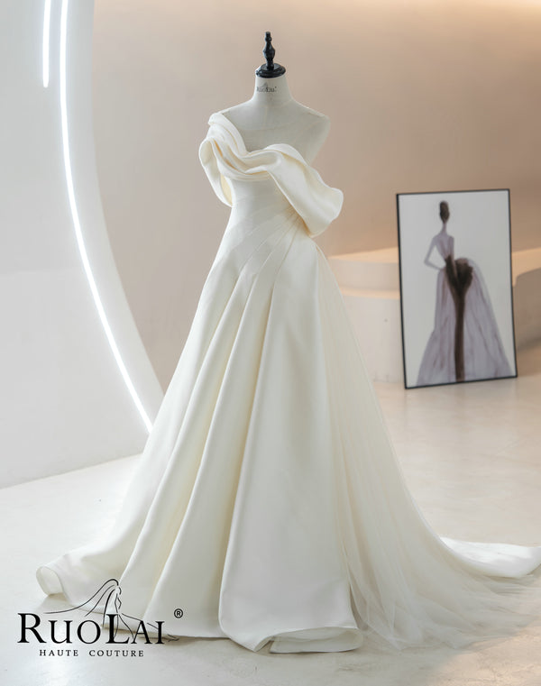 One-the-shoulder Pleat A-line for Women Lace-up Back Bridal Gowns